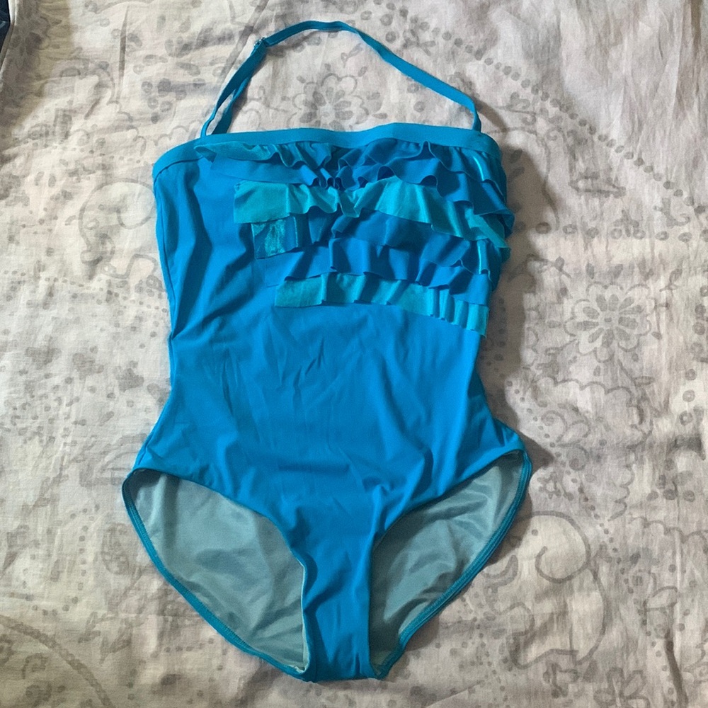 New SPANX Blue Ruffle One Piece Swimsuit Sz 10